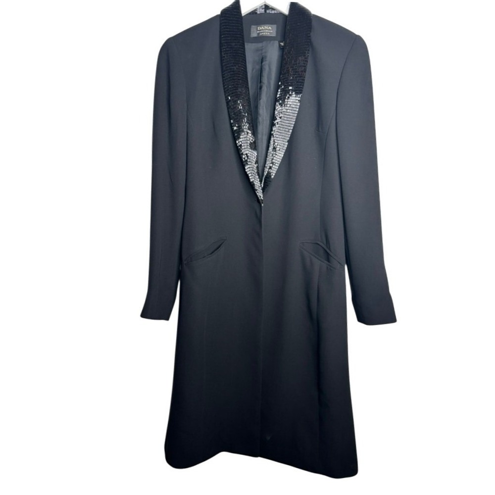 Vintage Dana Buchman Black Tuxedo Blazer Dress SZ 4 Sequin Shawl Collar‎